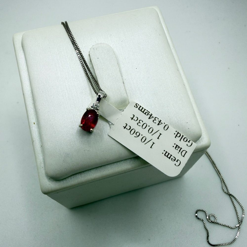 NWT 6x4mm, .60ct Ruby, diamond pendant in WG w/ ~17.75" WG box chain necklace!